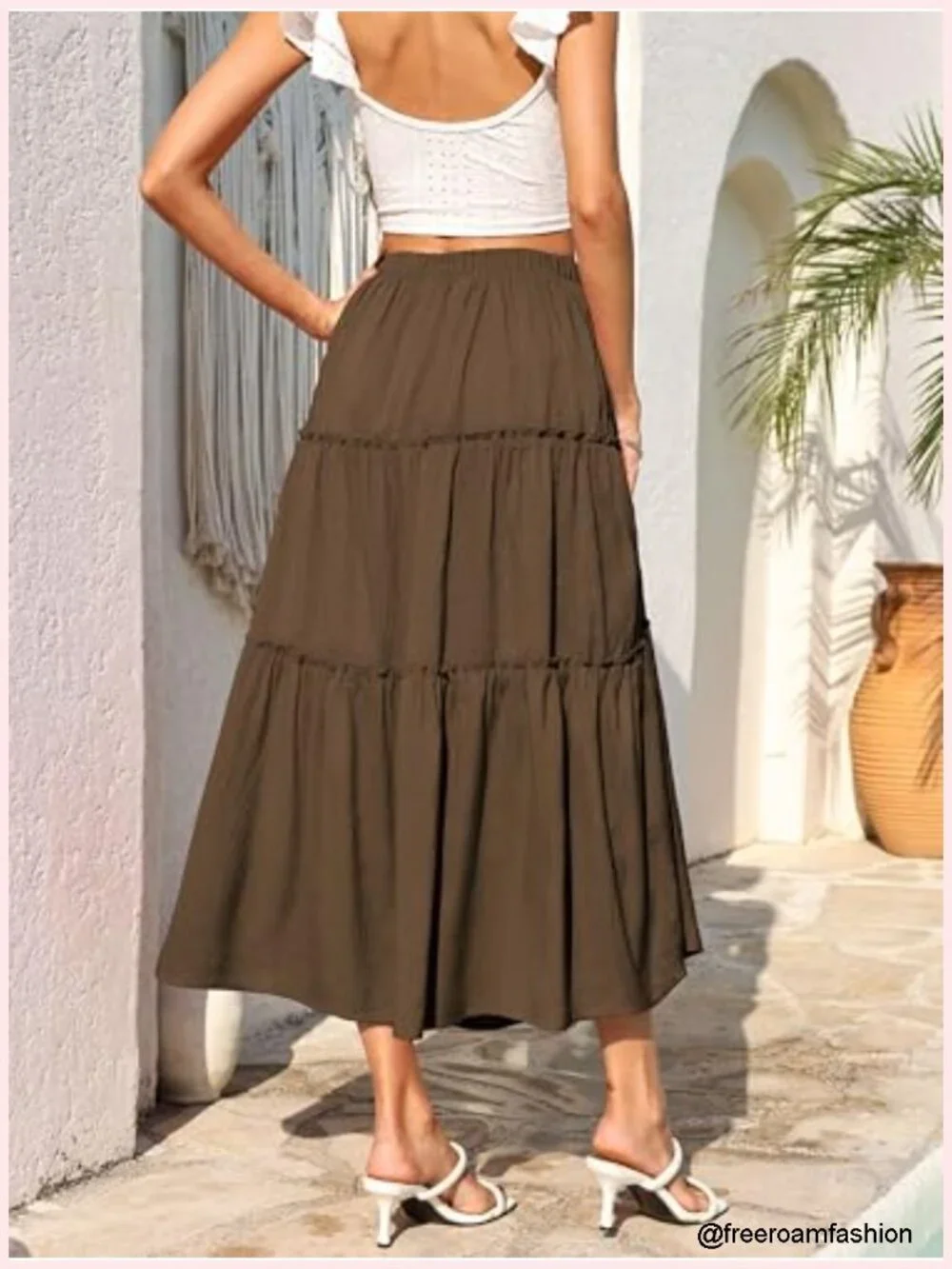 Bohe Midi Skirt Elastic High Waist A-Line Flowy Ruffle Casual